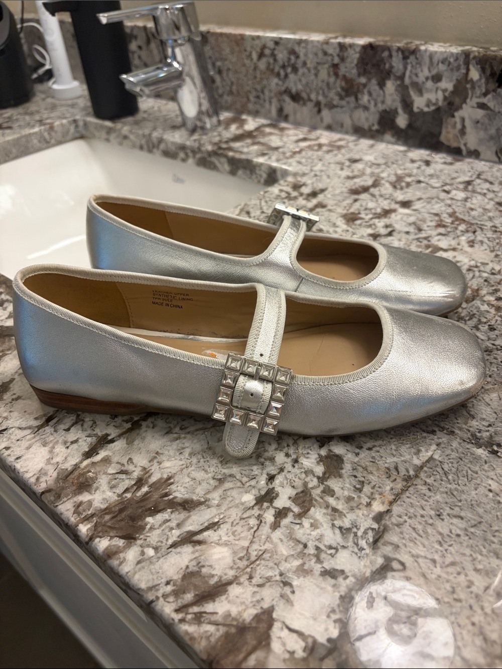 Silver Mary Jane Ballet Flats with Studded Buckle size 39 US 8-8.5